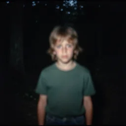 kid looking at camera in forest at night, far away from camera, 70s photo, out of focus, motion blur, cctv footage, horror movie, horror lighting, blair witch project, old photo