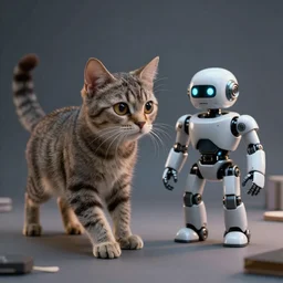 an alien cat and a robot, dynamic lighting