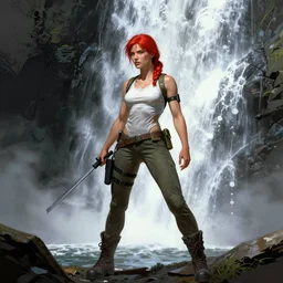 tomb raider with red hair in front of a waterfall by frank frazetta and boris vallejo