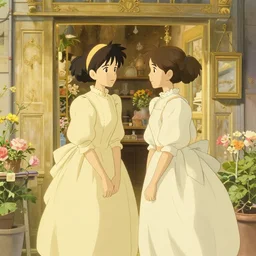 two girls in victorian dress looking around a cute flower shop, light gold color scheme, natural lighting, intricate details, cozy atmosphere, matte painting, illustration, by hayao miyazaki