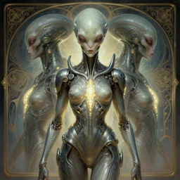 symmetry!! portrait of alien, sci - fi, tech wear, glowing lights!! intricate, elegant, highly detailed, digital painting, artstation, concept art, smooth, sharp focus, illustration, art by artgerm and greg rutkowski and alphonse mucha, 8 k
