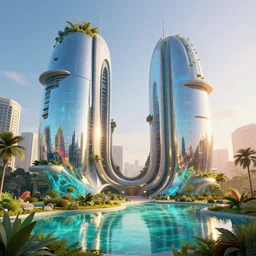 highly detailed futuristic architecture by frank lloyd wright and antoni gaudi, reflective lighting, holographic, stylized vegetation, ground - level view, puddles of turquoise water, stunning sunny lighting, sunrise, by vincent di fate and james jean, 8 k, matte painting, ray tracing, unreal engine 5, octane render, cyberpunk, vibrant