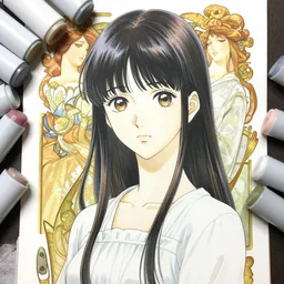 a copic maker manga illustration by yoshiyuki sadamoto and lois van baarle and alphonse mucha of a japanese girl highly detailed big eyes wearing streetwear anorak and a pilot suit lots of zippers, pockets, synthetic materials, by issey miyake and balenciaga 8 k