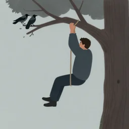 a man is hanging on a rope on a tree, gloomy style, two crows are flying, black and white photography, creepy, stylization of a picture illustration from a book