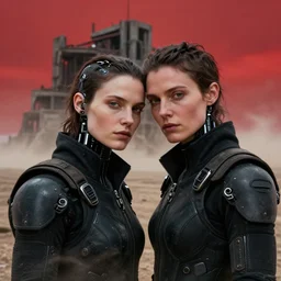 cinestill 5 0 d photographic portrait by steve mccurry of two loving female androids wearing rugged black techwear on a desolate plain with a red sky in front of a brutalist structure, extreme closeup, cyberpunk style, dust storm, 8 k, hd, high resolution, 3 5 mm, f / 3 2, ultra realistic faces, ex machina