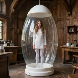 realistic photo of a common staying in full height medieval girl in white tights, in a big white plastic sci - fi egg - like glass capsule, in a center of the wooden laboratory room with medieval wooden walls 2 0 0 0, life magazine photo,