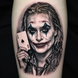 tattoo design of beautiful margot robbie with joker makeup, holding an ace card, slight smile, in the style of den yakovlev, realistic face, black and white, realism tattoo, hyper realistic, highly detailed