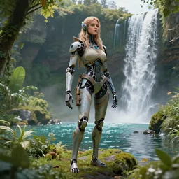 beautiful digital fantasy illustration of a robot in a garden, a full body portrait of a beautiful post apocalyptic offworld neoicelandic biofarmer swimming by the waterfalls, cinematic, hyper realism, high detail, octane render, unreal engine, 8 k, soft lighting, rendered in octane, masterpiece, very very very aesthetic