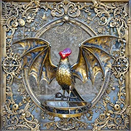 a metal bird shaped like a bat with a glowing red heart for a head, a leathery golden body that folds into itself at the joints and wings spread wide as if it is taking off, sitting atop a platform surrounded by an ornate golden frame