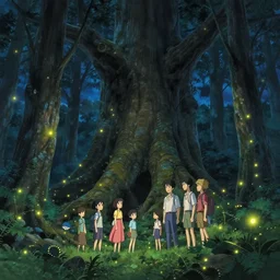 highly detailed illustration of an old giant forest with fireflies at night by makoto shinkai, by oliver vernon, by joseph moncada, by damon soule, by manabu ikeda, by kyle hotz, by dan mumford, by otomo, 4 k resolution