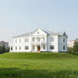 white mansion on a grass hill, with postsoviet city in the background
