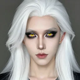 portrait of a handsome androgynous pale man with yellow eyes, black eye shadow, and long white hair