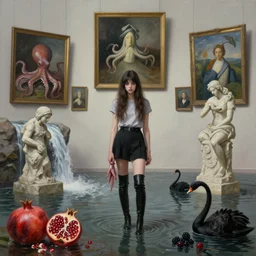 painting of a flooded art gallery with paintings on the wall, emo girl holding a squid and wearing long black boots, pomegranates, octopus, waterfall, stone sculpture by rodin, zen, black swans, berries, surrealist, by magritte and monet
