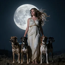 photograph of the goddess Artemis with her hunting dogs in the moonlight, flowing hair, dramatic lighting, 135mm nikon