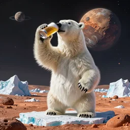polar bear on iceberg in mars drinking beer and have a beer can in hand, outer space, planet mars, photorealistic, high resolution,, trending on deviantart, hdr, hyper detailed, insane details, intricate, elite, ornate, dramatic lighting