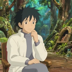 realistic interior shot from howls moving castle ( 2 0 0 4 ) of a scientist thinking in a woodland pyramid valley. cartoon depth of field.