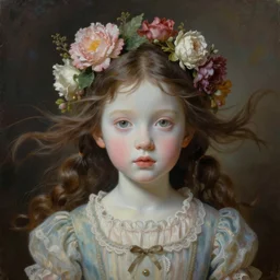 a young girl portrait with porcelain face and hazelnut big eyes, two ponytails flying in the wind head, dressed in a vintage dress, blooming flowers in her head, conceptual art, oil mystic fantasy painting, hyperdetailed, dramatic light, 8 k