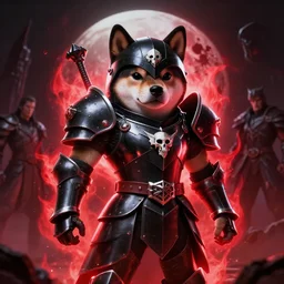 berserk skullknight black armor, anthropomorphic shiba inu, shiba inu face helm, stuning 3 d render, masterpiece, glowing bright red aura, blood moon, by donato giancola and greg rutkowski and wayne barlow and zdzisław beksinski, realistic face