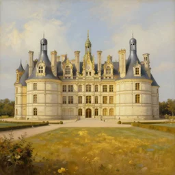 an incredible oil painting of a big french chateau, maison Laffite, chateau de Versailles, château de Cheverny, concept art, trending on deviantart, gold number, ideal proportions
