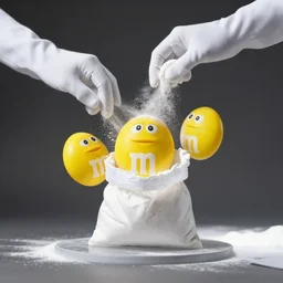 3 d yellow m & m holding a bag of white powder with floating disembodied white gloved hands