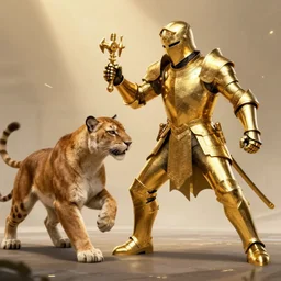gold knight fighting cougar, concept art, honorable, cinematic