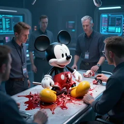 a cybertronic mickey mouse being dissected by a group of network executives, on an operating table, octane render, cgstation, 3 d render, very detailed, mindblowing, blood and guts, gritty, cyberpunk