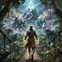 comic book art of a [ man ] in trenchcoat with ( glowing ) [ gloves ] and [ boots ] crossing a [ old ] [ rope ] bridge in a [ jungle ] looking up at a [ mountain ] made of crystalized rock, a [ glowing tower ] extends into the sky, low angle, artstation illustration, elegant, arcane by tim doyle