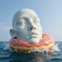 a massive porcelain sculpture of a squashed human face and a giant jelly donut on the ocean water, cinematic, hyper - realistic, very detailed, realistic water splashes, ray tracing, 8 k resolution, long - shot, sharp focus, low angle, 8 5 mm photograph, wide lens