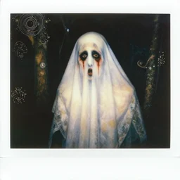 an instant photo of a handsome but sinister ghost of a man in layers of fear, with violence in his eyes, 1 9 7 0 s, seventies, woodlands, delicate embellishments, a little blood, crimson, painterly, offset printing technique, by alexandre cabanel