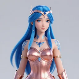 a regal sylph with long blue hair and blue filigree tattoos wearing a rose gold breastplate and circlet, 3 d render by mandy jurgens, artgerm, and lu ji, centered, artsation contest winner, cgsociety, fantasy art, cryengine, concept art, photorealism, daz 3 d, sketchfab, zbrush, vray