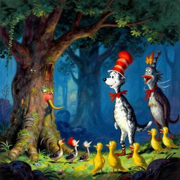 a splornfeld enborkenmeyer forkeling the gnorkgnork under a fumfum tree while the pippies peep | michael manning and doctor seuss with joan semmel and hr giger pastel high contrast cinematic light, mystical shadows, sharp focus, divine realm of gods, octane render