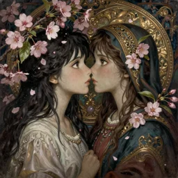 breathtaking detailed concept art painting of the kissing goddesses of cherry blossom flowers, orthodox saint, with anxious, piercing eyes, ornate background, amalgamation of leaves and flowers, by Hsiao-Ron Cheng, James jean, Miho Hirano, Hayao Miyazaki, extremely moody lighting, 8K