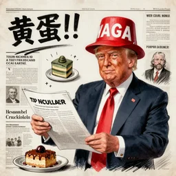 trump in a maga hat, holding top secret documents about nuclear cake, yellowcake!!!!, hand drawn political cartoon in us newspaper william hone and george cruickshank