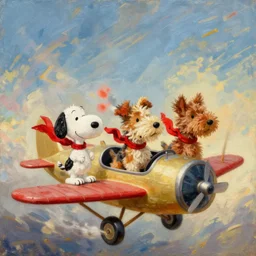 3 toy fox terriers flying a biplane, wearing red scarves flapping in wind, dramatic oil painting, snoopy the dog, style of charlie brown, aperture gradient