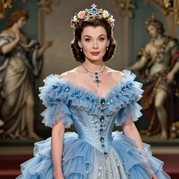 in the style of beautiful vivien leigh, blue frilly gown and crown with flowers and gems, detailed and intricate by jean delville, gustave dore and marco mazzoni, colorful art nouveau, symbolist, visionary, gothic, pre - raphaelite