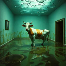 a room of oil, water caustics, the cow is here, insanity, film still from the movie directed by denis villeneuve and david cronenberg with art direction by salvador dali and dr. seuss