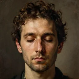 close up portrait of a head of a man in zen meditation. painting by georges de la tour
