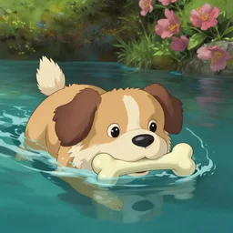 a wholesome animation key shot of a dog swimming to get his bone toy, the point of view is in front of the dog, studio ghibli, pixar and disney animation, sharp, rendered in unreal engine 5, anime key art by greg rutkowski, bloom, dramatic lighting
