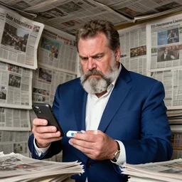 dslr photo still of infowars host alex jones in a blue suit fat grey beard and mustache!!! big frown frowning scowl sad mad!!! in a!!! room filled to the ceiling with newspapers newspapers to the ceiling newspapers everywhere stacks of newspapers!!!!!! looking at an iphone gazing at an iphone in his hand look at iphone being held up!!!, 5 2 mm f 1. 8
