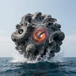 a giant abstract sculpture of the birth of the universe on the ocean water, in the style of jonathan monk, award winning, cinematic, hyper - realistic, very detailed, realistic water splashes, ray tracing, 8 k resolution, long - shot, sharp focus, low angle, 8 5 mm photograph, wide lens