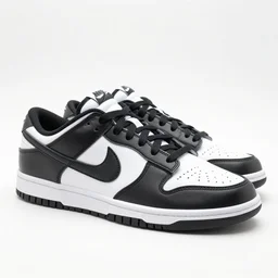a press photograph of nike dunk low white and black, size 1 0, white background