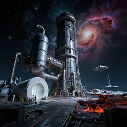 low key lighting cool colours, hyperreal deep space dock mining platform with massive piping inspired by nuclear reactor core maschinen krieger mri machine, chris foss, peter elson, millennium falcon space-station Vuutun Palaa submarine, space-station Vuutun Palaa, ilm, beeple, star citizen halo, mass effect, starship troopers, elysium, the expanse, iron smelting pits, high tech industrial, dramatic nebula sky, volumetric lighting