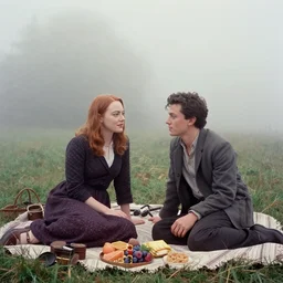 emma stone having a picnic with tom holland, faded color film, russian cinema, tarkovsky, kodachrome, old clothing, heavy fog, 4 k, dramatic lighting, greg rutkowski