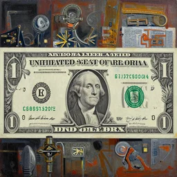 lennox louis on dollar bill by basquiat, oil on canvas, intricate details, artifacts, highly detailed, art by art john collier and albert aublet and krenz cushart, highly detailed, cinematic lighting, unreal