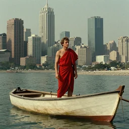 1 9 7 0 s movie still of a man in red drapery in a small flesh boat next to a non - euclidian city, eastmancolor, heavy grain, high quality, high detail
