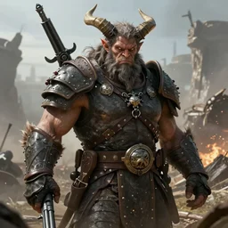 A large half-demon barbarian wearing modern military gear, with horns on his head and shoulders, epic, realistic, 8k, detailed, fantasy, extremely detailed, masterpiece, art, dungeons and dragons, military, modern, soldier, gun, horns, demon horns, concept art, battlefield, barbarian