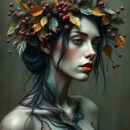 portrait of beautiful female model by irakli nadar with intricate detailed color smashing fluid oil paint and acrylic to the body, berries and dried moss and dried autumn leaves headdress, haunting, elite, elegant, melting wax, mycelia, abstract impressionism, ruan jia, dark fantasy, hyper detailed, concept art, by gustav klimt,