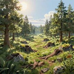 A simple and beautiful detailed concept art that is digitally painted of a world of sunlit woodlands and cratered moors, that looks like it's from elden ring and bioshock by Pixar and dan mumford and Alfred Parsons, featured on artstation, featured on behance, featured on illustrationX, featured on conceptartworld, cinematic, cinematic lighting, morning shot, concept art, landscape photography composition, f16