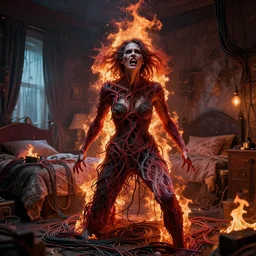 rgb, woman, bedroom full of fire, rage, cinematic, movie scene, inspired by zdzislaw beksinski, clothes made out of veins,, cables everywhere, bedroom, ultra realistic, concept art, intricate details, highly detailed, photorealistic, octane render, 8 k