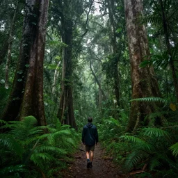 man walking in rainforest, lush jungle, huge trees, very detailed, 8k, high quality